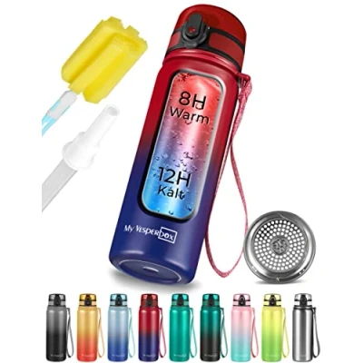 Abbildung von My Vesperbox Edelstahl Thermos Trinkflasche auslaufsicher mit Strohhalm oder Sieb 400 ml, 600ml BPA FREI für Kindergarten, Schule (Rot Blau, 600 ml)
