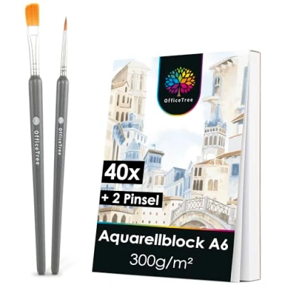 Abbildung von OfficeTree 40x Aquarellpapier A6 300g Aquarellblock Weiß Zeichenblock Aquarell Postkarten Blanko Papier inklusive 2 Pinsel