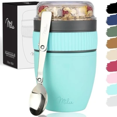 Abbildung von Milu Müslibecher to go 400ml &quot;MüsliMax&quot; Plastik Joghurtbecher für Müsli I auslaufsicherer Becher mit Löffel Yoghurt/Porridge (Türkis)