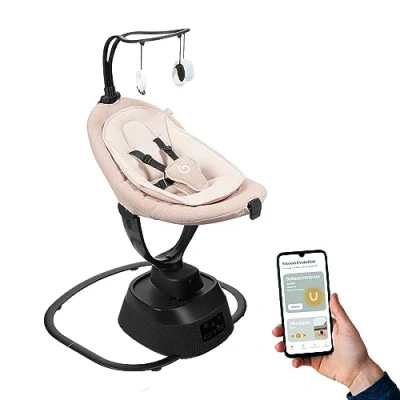 Abbildung von Babymoov elektrische Babyschaukel Swoon Evolution Connect Mocca mit Smartphone App Musikstreaming, Aufnahme und Abspielen von personalisierten Melodien 360 rotierbarer Sitz