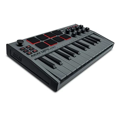 Abbildung von AKAI Professional MPK Mini MK3 25 Tasten USB MIDI Keyboard Controller, 8 hintergrundbeleuchtete Drum Pads, Regler und Software, Farbe Grau