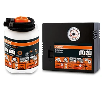 Abbildung von OSRAM TYREseal Kit, Reifendichtmittel 450 ml und analoger Reifenkompressor, Reifenreparatur Set, Reparatur in 10 Minuten