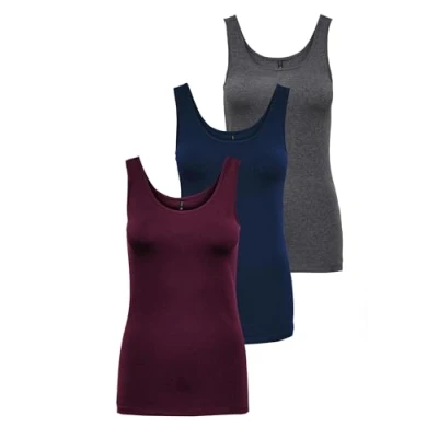 Abbildung von ONLY Damen Onllive Love Tank TOP JRS 3 Pack, Dark Grey Melange/Pageant Blue/Port Royale, S
