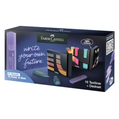 Abbildung von Faber Castell 254603 Textmarker Set 16 Stück in einem stilvollen Schreibtisch Organizer, Highlighter Pens mit Präzisions Keilspitze, Leuchtende Farben, Ergonomisches flaches Design