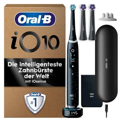 Abbildung von Oral B iO Series 10 PLUS Edition Elektrische Zahnbürste/Electric Toothbrush, 3 Aufsteckbürsten (inkl. 2x Strahlendes Weiss), 7 Modi für Zahnpflege, Lade Reiseetui, Designed by Braun, cosmic black
