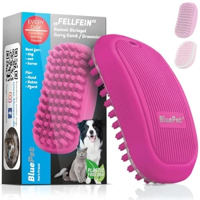 Abbildung von BluePet FellFein Badebürste Gummistriegel Für Kurzhaar Hunde &amp; Katzen mit Massageeffekt Entfernt loses Deckhaar, Staub Schmutz Idealer Badestriegel Zum Einmassieren von Hundeshampoo (Fest Rosa)