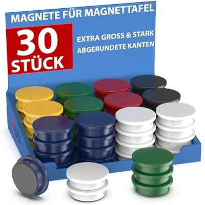 Abbildung von REORDA® Magnete für Magnettafel stark 30x Starke Whiteboard, Pinnwand, als Kühlschrank &amp; Tafelmagnete haftend, rund Bunt
