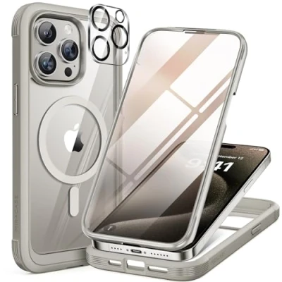 Abbildung von Miracase 360 Grad für iPhone 15 Pro Hülle Magnetisch mit Eingebaut Glas Schutzfolie und Kameraschutz, Stoßfest Komplettschutz Handyhülle Schutzhüllen 6,1 Zoll, Titan