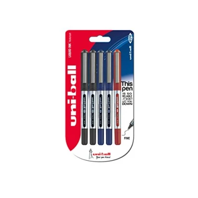 Abbildung von Uni ball B 150 Eye Micro Kugelschreiber, schwarze/blaue/rote Super Tinte, 0,5 mm Spitze, 5 Stück