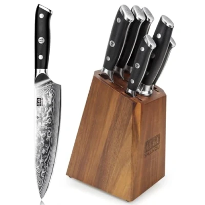 Abbildung von SHAN ZU Kochmesser, 7 teiliges Japanischer AUS 10 Superstahl Damaststahl Küchenmesser Set, Professionelles mit G10 Griff, PRO Reihe