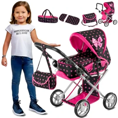 Abbildung von Kinderplay Puppenwagen ab 1 2 3 Jahre Kinderwagen Spielzeug in 1, mit Herausnehmbarer Tragetasche und Umhängetasche, Höhenverstellbar 36.5 cm bis 64 cm, KP0200R