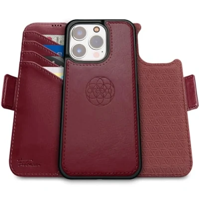Abbildung von Dreem Fibonacci kompatibel mit iPhone 16 Pro Brieftaschen Etui / 2 in 1 stoßfestes und abnehmbares Folio aus veganem Leder, MagSafe, RFID Schutz [Burgundisch]