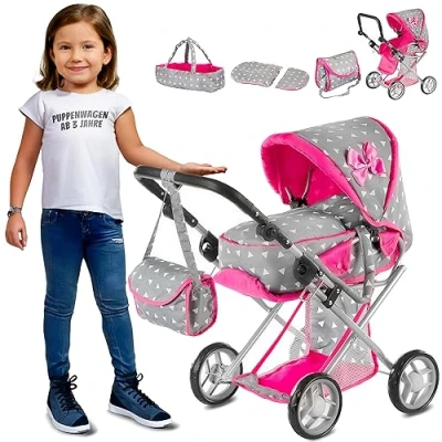 Abbildung von Kinderplay Puppenwagen ab 1 2 3 Jahre Kinderwagen Spielzeug in 1, mit Herausnehmbarer Tragetasche und Umhängetasche, Höhenverstellbar 34.5 cm bis 64 cm, KP0200S