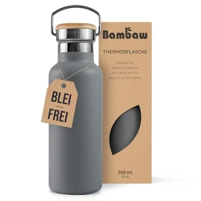 Abbildung von Bambaw Thermosflasche 500ml, Trinkflaschen Grau, Edelstahl Trinkflasche, Spülmaschienenfest, Flasche Metall Kinder Anthrazit
