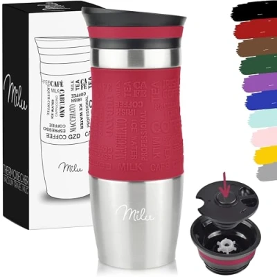 Abbildung von Milu Thermobecher 370ml 450ml Isolierbecher Kaffeebecher to go 100% Auslaufsicher Trinkbecher aus Edelstahl Autobecher doppelwand Isolierung Thermo Becher Travel Mug (Rot, 370ml)