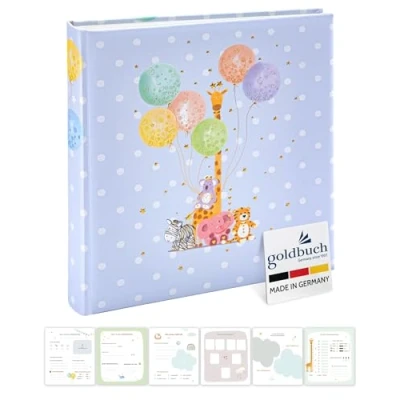 Abbildung von goldbuch 15 403 Babyalbum Balloon Party, Babybuch 30 x 31 4 cm, Fotoalbum mit 58 weißen Blankoseiten und illustrierten Seiten, Einband aus Kunstdruck Tier Motiv, Album, Fotobuch Blau