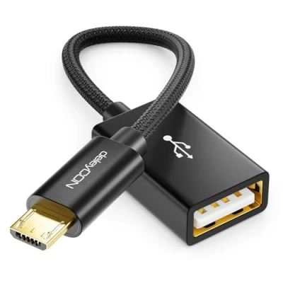 Abbildung von deleyCON 0,1m USB 2.0 OTG Adapter Kabel Nylon + Metallstecker Micro auf A Buchse Datenkabel Smartphone &amp; Tablet verbinden mit Stick Schwarz