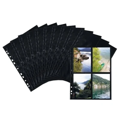 Abbildung von HERMA 7785 Fotohüllen für Ordner, 10 Stück, 10x15 cm, 4 Fächer geteilt, beidseitig bestückbare Fotophan Fotosichthüllen Sammelhüllen Postkartenhüllen Prospekthüllen mit Eurolochung, schwarz