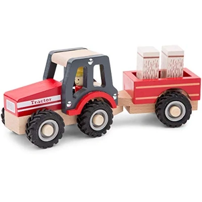 Abbildung von New Classic Toys 11943 Spielfahrzeuge Traktor mit Anhänger und Heuballen, Rot