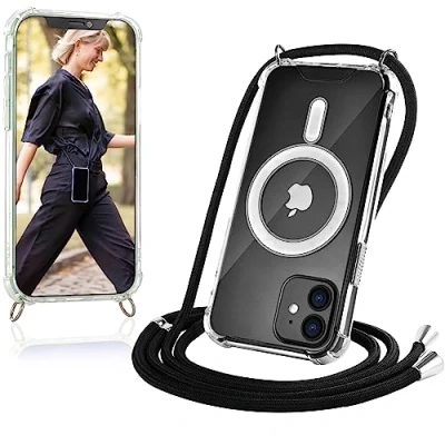Abbildung von JProtect für iPhone 12 Mini Hülle mit Band und MagSafe Magnetische Handykette Magnet Durchsichtige Umhängehülle Schwarz Kette Handyhülle Zubehör