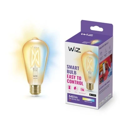 Abbildung von WiZ Tunable White Amber LED Lampe E27 (640 lm), 50 W Filament im Vintage Design mit bernsteinfarbenem dimmbarem Licht, smarte Lichtsteuerung über WLAN per Stimme/App