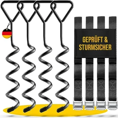 Abbildung von SCHMITZ.Tools Bodenanker Trampolin Erdanker Set Extra sichere Premium Ausführung Anker Befestigung Boden Erdhaken Verstellbarer XXL Gurt 2,50m Rostfrei