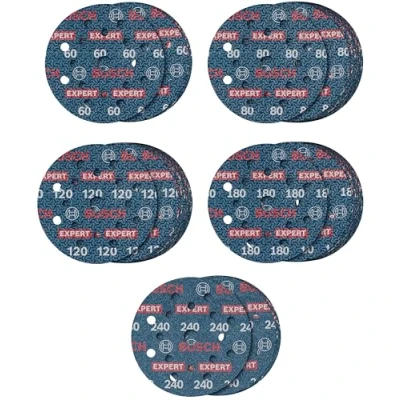 Abbildung von Bosch 55x EXPERT O780 Folienschleifscheiben Set, 125 mm, 55‑tlg. (für Hartholz, Farbe auf Holz, Ø Körnung 5 x 60, 15 80, 120, 180, 240, Professional Zubehör Exzenterschleifer)