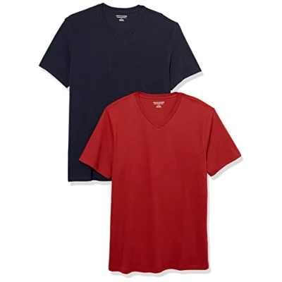 Abbildung von Amazon Essentials Herren Kurzärmelige T Shirts mit V Ausschnitt, 2er Pack, Dunkelrot/Marineblau, L