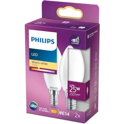 Abbildung von PHILIPS LED Classic E14 Lampe, 25 W, Kerzenform, dimmbar, matt, warmweiß, 2er Pack, Weiß