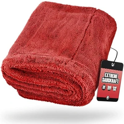 Abbildung von Nuke Guys Gamma Dryer XXL Ultra saugstarkes Trockentuch 1400 GSM rot 50x80cm Fusselfrei, abgerundete sanfte Fasern, kratzerfrei, extra groß Premium Mikrofasertuch für Auto Motorrad Fahrrad