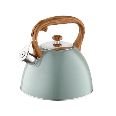 Abbildung von FLORINA Wasserkessel (2,5 l) I Edelstahl Teekessel FRANK Flötenkessel mit Holzgriff Automatischer Pfiff Wasserkocher für Induktionsherd, Gasherd und Elektroherd Farbe: grün matt