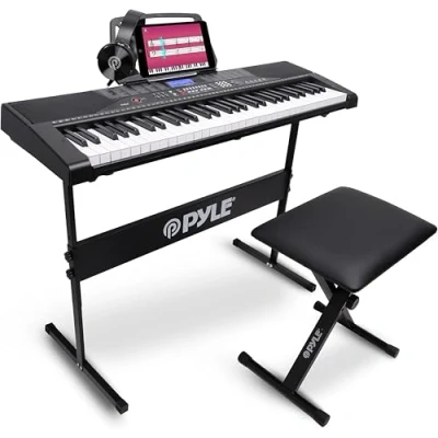 Abbildung von Pyle Keyboard Piano Digital Pianos with Stand, Midi 61 Tasten, Epiano Set mit E Ständer, Hocker &amp; Kopfhörer, Kinderkeyboard oder für Erwachsene. Perfekt um zu lernen