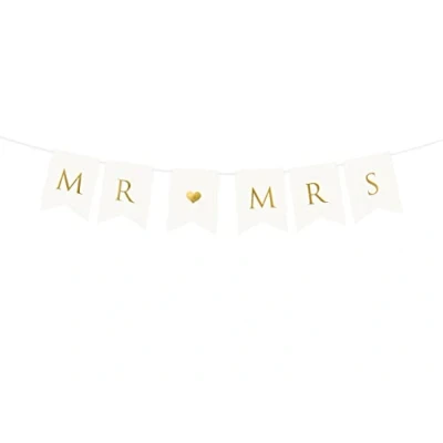 Abbildung von PartyDeco Girlande Mr and Mrs 15x85cm Banner mit Herz Papiergirlande Hochzeit Hochzeitsdeko weiß Gold