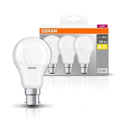 Abbildung von Osram LED Base Classic A Lampe, in Kolbenform mit B22d Sockel, nicht dimmbar, Ersetzt 60 Watt, Matt, Warmweiß 2700 Kelvin, 3er Pack