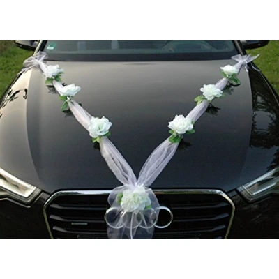 Abbildung von Organza M Auto Schmuck Braut Paar Rose Deko Dekoration Autoschmuck Hochzeit Car Wedding Girlande PKW (Weiß/Weiß)