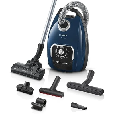 Abbildung von Bosch Staubsauger mit Beutel Serie 8 BGB75X494, Bodenstaubsauger, ideal für Allergiker, Hygiene Filter, Bodendüse Parkett, Teppich, Fliesen, langes Kabel, leise, 650 W, blau