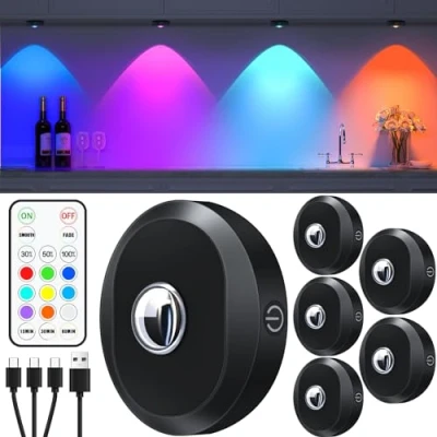 Abbildung von WILLED USB Aufladbar RGB Led Spots Akku mit Fernbedienung, Farbwechsel Unterbauleuchte, Magnetisch Dimmbar Schrankbeleuchtung, Kabellos Vitrinenbeleuchtung Timing Funktion(6er Pack)