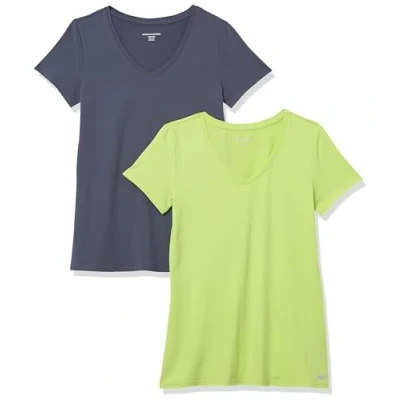 Abbildung von Amazon Essentials Damen Tech Stretch T Shirt mit kurzen Ärmeln und V Ausschnitt (erhältlich in Übergröße), 2er Pack, Lindgrün/Schiefergrau, XS