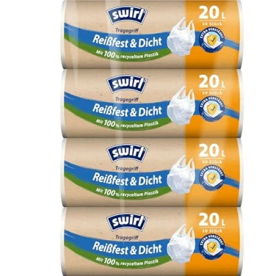 Abbildung von Swirl Reißfest &amp; Dicht Tragegriff Müllbeutel 20 l (4 x Beutel), tropfsichere Müllsäcke für den Hausmüll, reißfeste Mülltüten mit praktischem