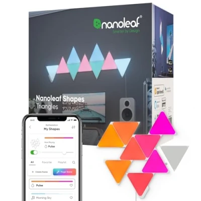 Abbildung von Nanoleaf Shapes Triangle Starter Kit, 9 Smarten Dreieckigen LED Panels RGBW Modulare WLAN 16 Mio Farben Wandleuchte Innen, Musik &amp; Bildschirm Sync, Funktioniert mit Alexa Google Apple, Deko Gaming