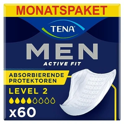 Abbildung von TENA MEN Absorbierende Protektoren, Level 2 60 Einlagen im Monatspaket (6 x 10), einzeln verpackt Hygieneeinlagen für Männer bei mittlerem Harnverlust und Inkontinenz