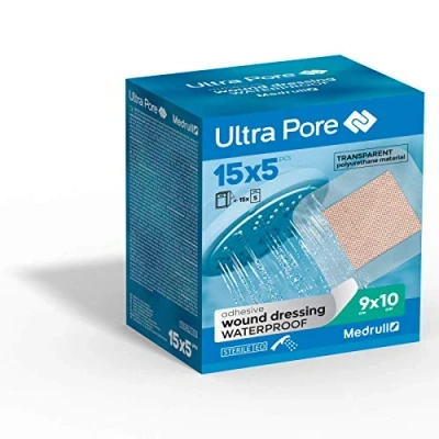 Abbildung von Medrull 100% Wasserfestes Wundpflaster 9x10 cm 75 Stück Pflaster Steril, Transparent, Starker Halt Schützt bei Schnittwunden &amp; Kratzer Ideal zum Duschen, Sport, Baden