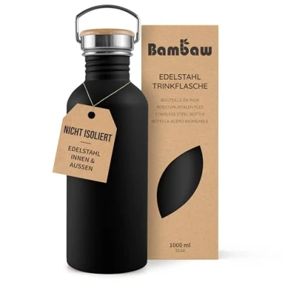 Abbildung von Bambaw Trinkflasche 1l Edelstahl, Nicht isolierte Schwarze Trinkflasche, Edelstahl Sport, Grosse Wasserflasche, Metall Tiefschwarz