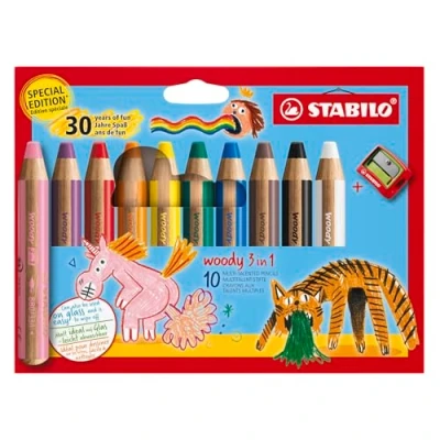 Abbildung von STABILO Buntstift, Wasserfarbe &amp; Wachsmalkreide woody 3 in 1 Jubiläumsedition 10er Pack mit Spitzer 10 Farben