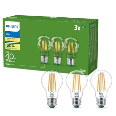 Abbildung von Philips Classic ultraeffiziente E27 LED Lampe, 40W, warmweiß, klar, 3 er Pack