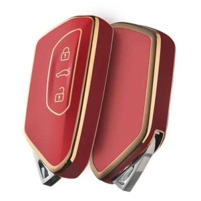 Abbildung von OATSBASF Autoschlüssel Hülle für VW, Schlüssel Kompatibel Golf 8 Seat Leon MK 4 Tarraco Ateca Skoda Octavia TPU Silicone Schlüsselhülle (Goldener Rand Rot)