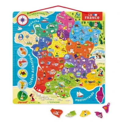Abbildung von Janod Magnetische Landkarte ‘Frankreich’ aus Holz Magnet Puzzle mit 93 Magneten Kinderpuzzle Karte zum Aufhängen an der Wand Lernspiel Französisch Ab 7 Jahren, J05480