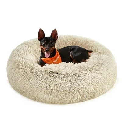 Abbildung von Feandrea Hundebett flauschig, Katzenbett, Donut Kissen, waschbar, Polsterung in der Mitte herausnehmbar, Langer Plüsch, 60 cm Durchmesser, Ombré Khaki PGW038S01
