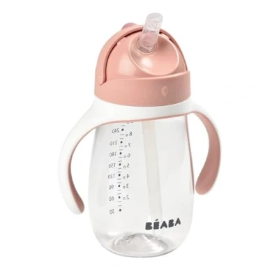 Abbildung von BÉABA Trinklernbecher 2 in 1 Babyflasche Kindertasse mit Strohhalm 100% dicht Leicht zu öffnen Abnehmbare Griffe Tritan und Silikon 300 ml Rosa