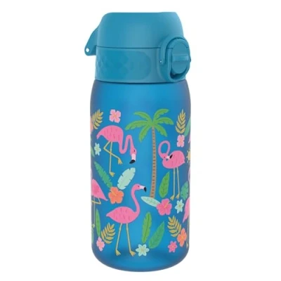 Abbildung von Ion8 Kinder Trinkflasche, 350ml, Auslaufsicher, Einhandöffnung, Sichere Verriegelung, Spülmaschinenfest, BPA frei, Tragegriff, Klappdeckel, Leicht zu Reinigen, Klimaneutral, Flamingos Design